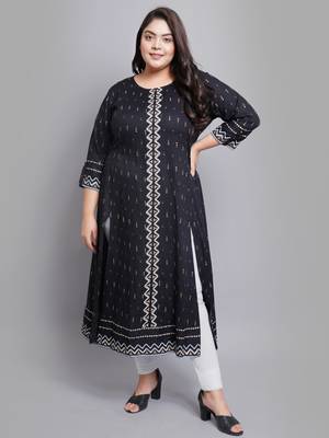 Women'S Plus Size Rayon Geomatrical Printed  Anarkali Kurti (Black) 1