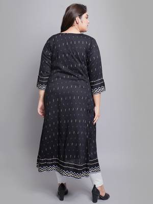 Women'S Plus Size Rayon Geomatrical Printed  Anarkali Kurti (Black) 2