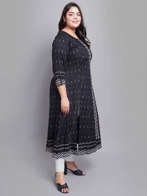 Women'S Plus Size Rayon Geomatrical Printed  Anarkali Kurti (Black) 3