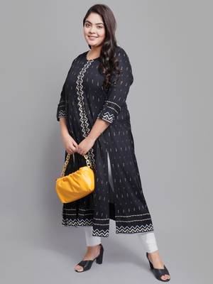 Women'S Plus Size Rayon Geomatrical Printed  Anarkali Kurti (Black) 4