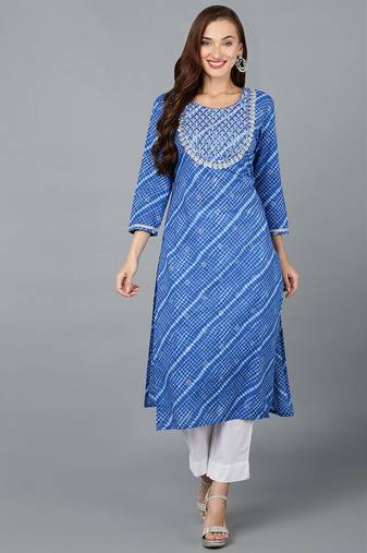 Women blue printed cotton ethnic kurti