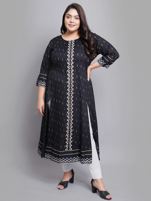 Women'S Rayon Geomatrical Printed Anarkali Kurti (Black) 1