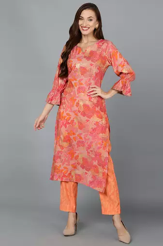 Women peach printed silk ethnic kurti