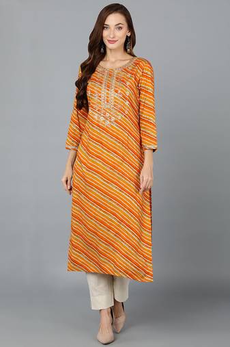 Women gold printed silk ethnic kurti