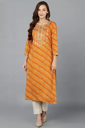 Women gold printed silk ethnic kurti