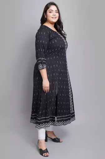 Women'S Rayon Geomatrical Printed Anarkali Kurti (Black)