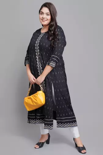 Women'S Rayon Geomatrical Printed Anarkali Kurti (Black)