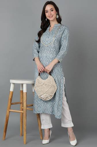 Women grey printed silk ethnic kurti