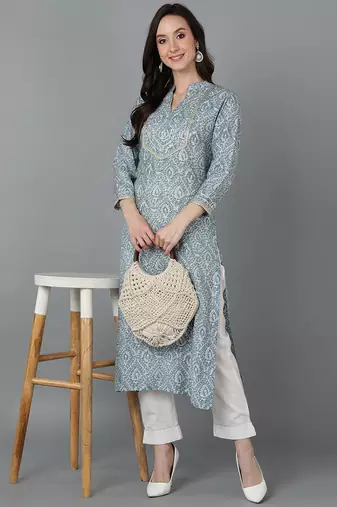 Women grey printed silk ethnic kurti