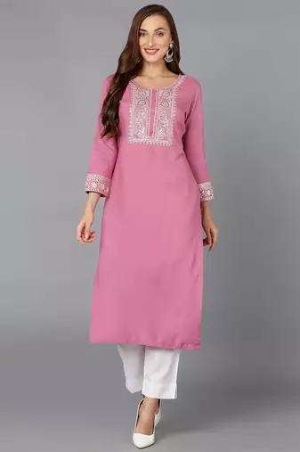 Women pink embroidered rayon ethnic kurti