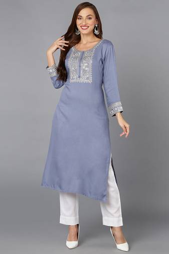 Women blue embroidered rayon ethnic kurti