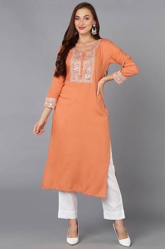 Women peach embroidered rayon ethnic kurti