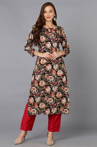 Women black printed cotton ethnic kurti