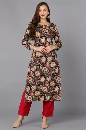 Women black printed cotton ethnic kurti