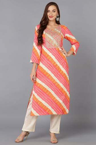 Women pink embroidered cotton ethnic kurti