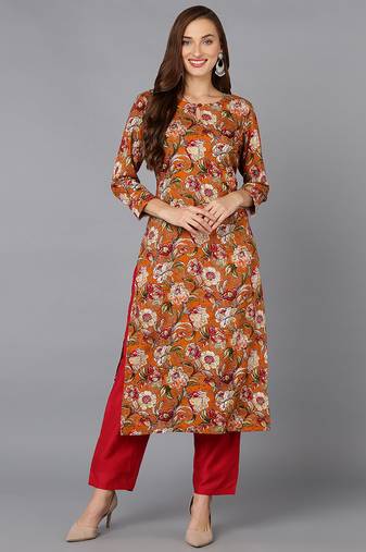 Women orange printed cotton ethnic kurti