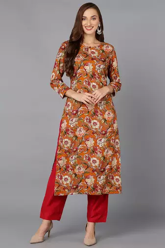 Women orange printed cotton ethnic kurti