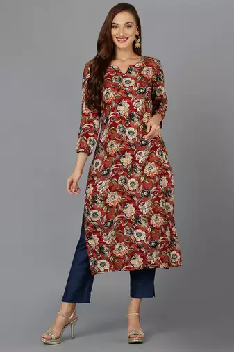 Women maroon printed cotton ethnic kurti