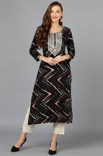 Women black printed rayon ethnic kurti