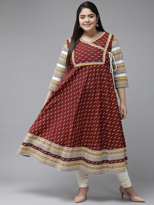  women's plus size cotton ikat printed anarkali kurti (maroon) 1