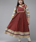 Yash gallery women's plus size cotton ikat printed anarkali kurti (maroon)