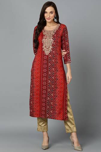 Women maroon printed cotton ethnic kurti