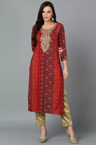 Women maroon printed cotton ethnic kurti