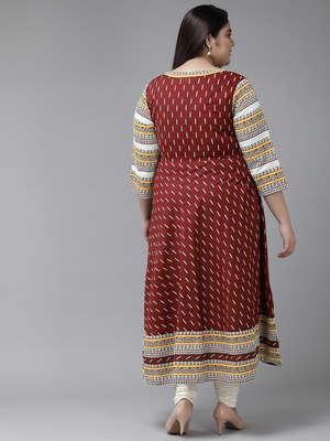  women's plus size cotton ikat printed anarkali kurti (maroon) 2