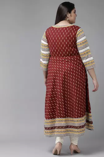  women's plus size cotton ikat printed anarkali kurti (maroon)
