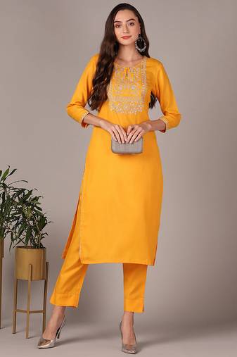 Women yellow printed cotton ethnic kurti