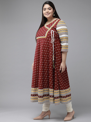  women's plus size cotton ikat printed anarkali kurti (maroon) 3