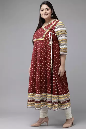  women's plus size cotton ikat printed anarkali kurti (maroon)