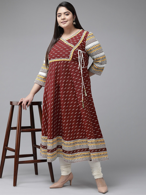  women's plus size cotton ikat printed anarkali kurti (maroon) 4