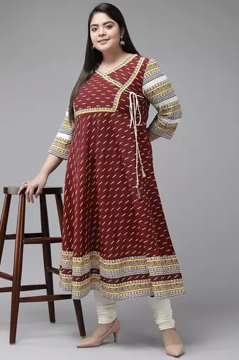  women's plus size cotton ikat printed anarkali kurti (maroon)
