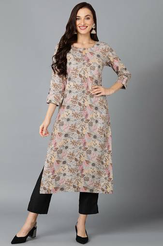 Women grey printed cotton ethnic kurti