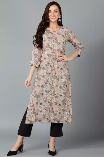 Women grey printed cotton ethnic kurti