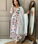 White Digital Print Cotton Rayon Fabric Straight Kurta Pant and Dupatta Set