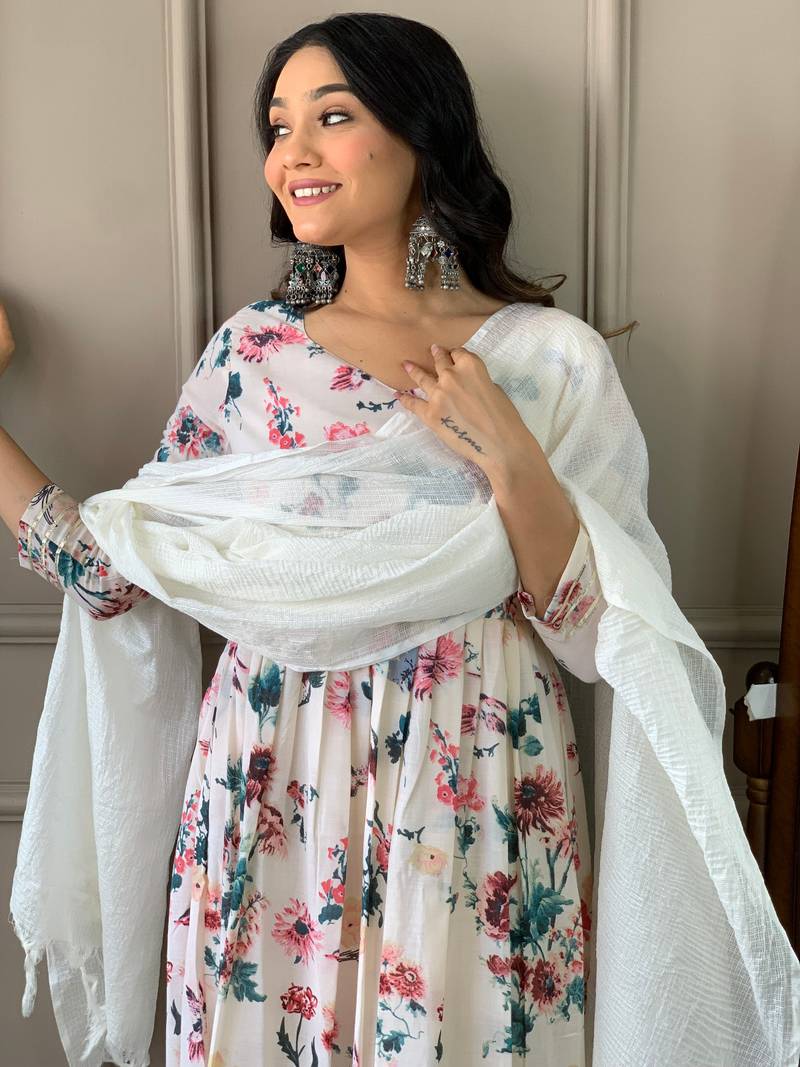 White Digital Print Cotton Rayon Fabric Straight Kurta Pant and Dupatta Set