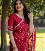 Koram Red Bandhej Silk Sarees Kanchi Borders And Contrast Zari Weaving Borders Saree With Blouse For Women