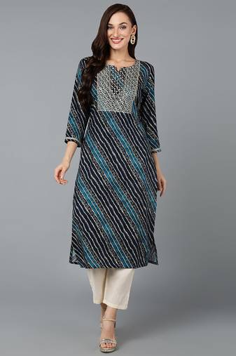 Women navy-blue printed cotton ethnic kurti