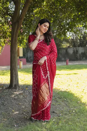 Koram Red Bandhej Silk Sarees Kanchi Borders And Contrast Zari Weaving Borders Saree With Blouse For Women