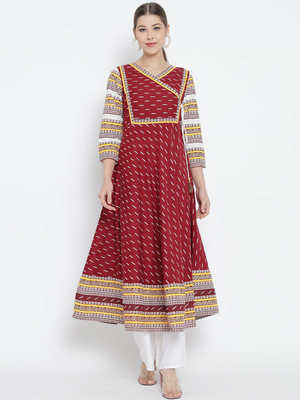 Women'S Cotton Ikat Printed Anarkali Kurti (Maroon) 1