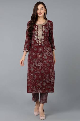 Women maroon printed cotton ethnic kurti