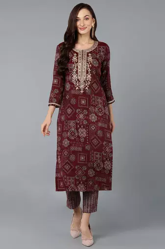 Women maroon printed cotton ethnic kurti