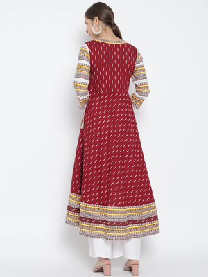 Women'S Cotton Ikat Printed Anarkali Kurti (Maroon) 2