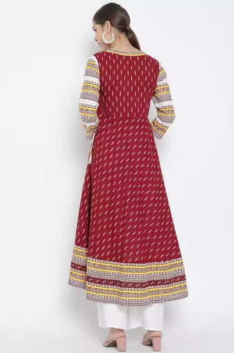 Women'S Cotton Ikat Printed Anarkali Kurti (Maroon)