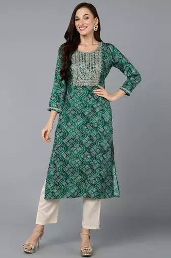 Women green printed cotton ethnic kurti