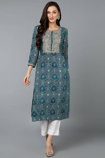 Women teal printed cotton ethnic kurti
