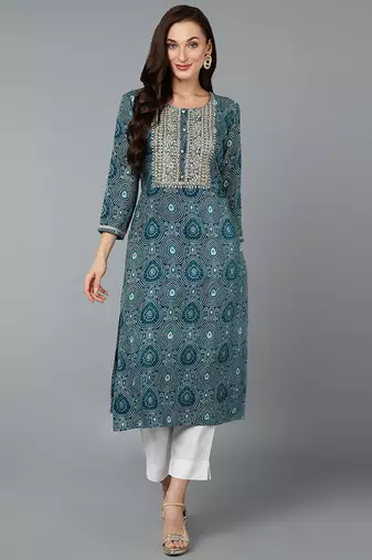 Women teal printed cotton ethnic kurti