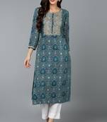 Women teal printed cotton ethnic kurti